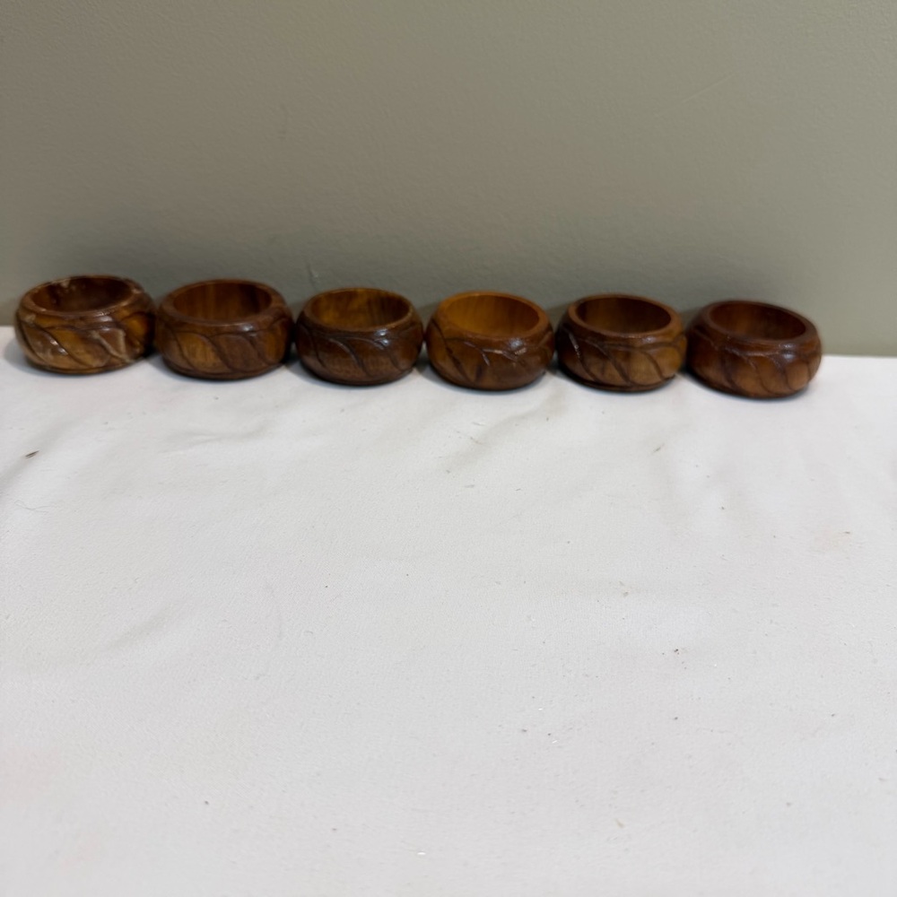 6 Teak Wood Round Napkin Rings MCM Hand Carved in Philippines